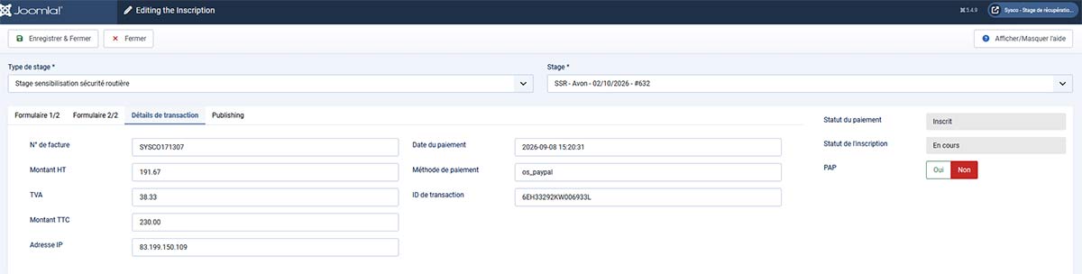 Détails de transaction d'un stagiaire dans SYSCOGESTION : numéro de facture, montants HT, TVA et TTC, date et méthode de paiement, identifiant de transaction