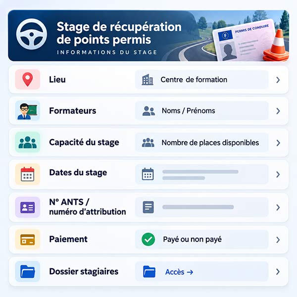 Récapitulatif des informations d'un stage de récupération de points : lieu, formateurs, capacité, dates, numéro ANTS, paiement et dossier stagiaires