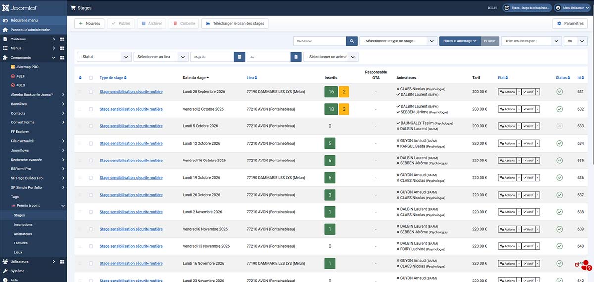 Liste des stages de sensibilisation à la sécurité routière dans le logiciel SYSCOGESTION avec dates, lieux, nombre d'inscrits, animateurs et tarifs