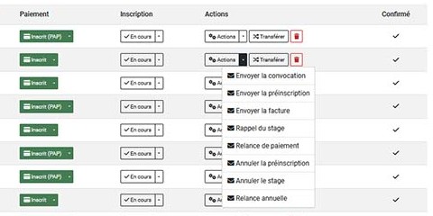 Menu d'actions SYSCOGESTION : envoyer la convocation, la préinscription, la facture, le rappel du stage, la relance de paiement, l'annulation et la relance annuelle