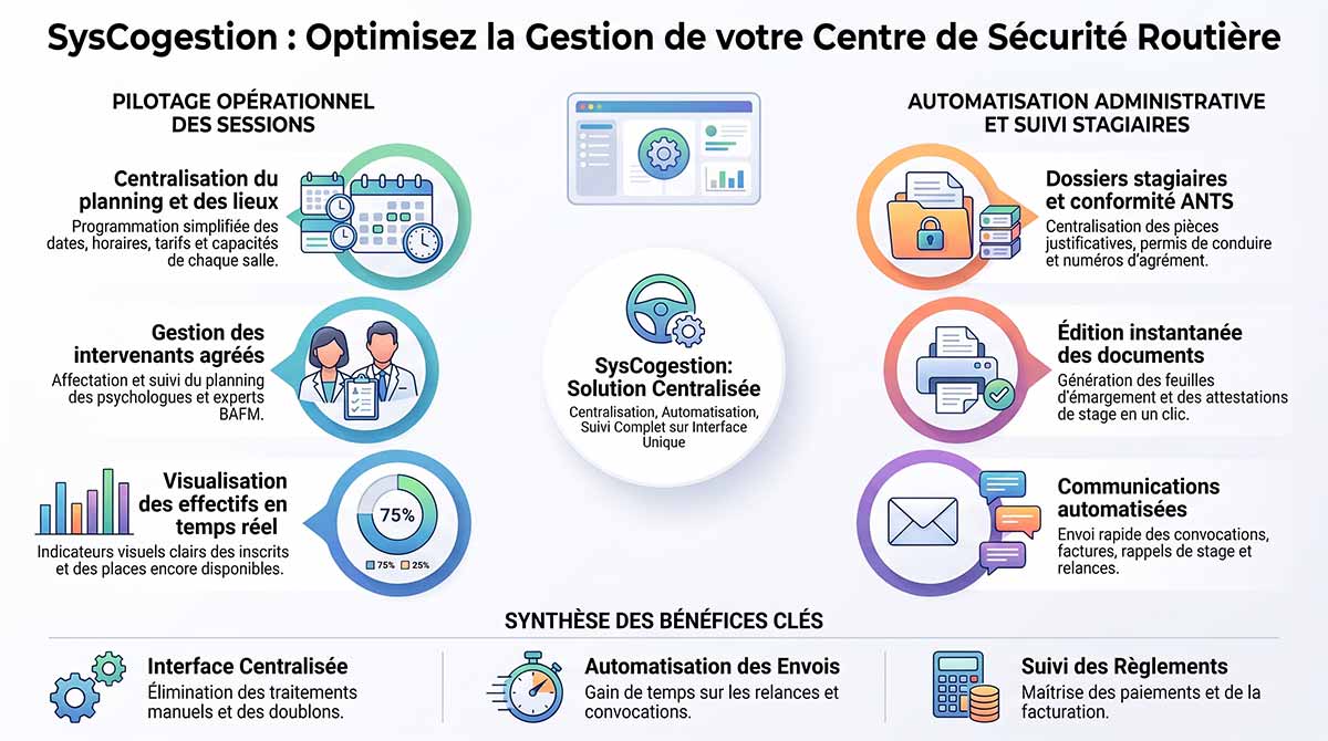 Infographie des bénéfices de SYSCOGESTION pour un centre de sécurité routière : pilotage des sessions, gestion des intervenants agréés, dossiers stagiaires, documents et communications automatisées
