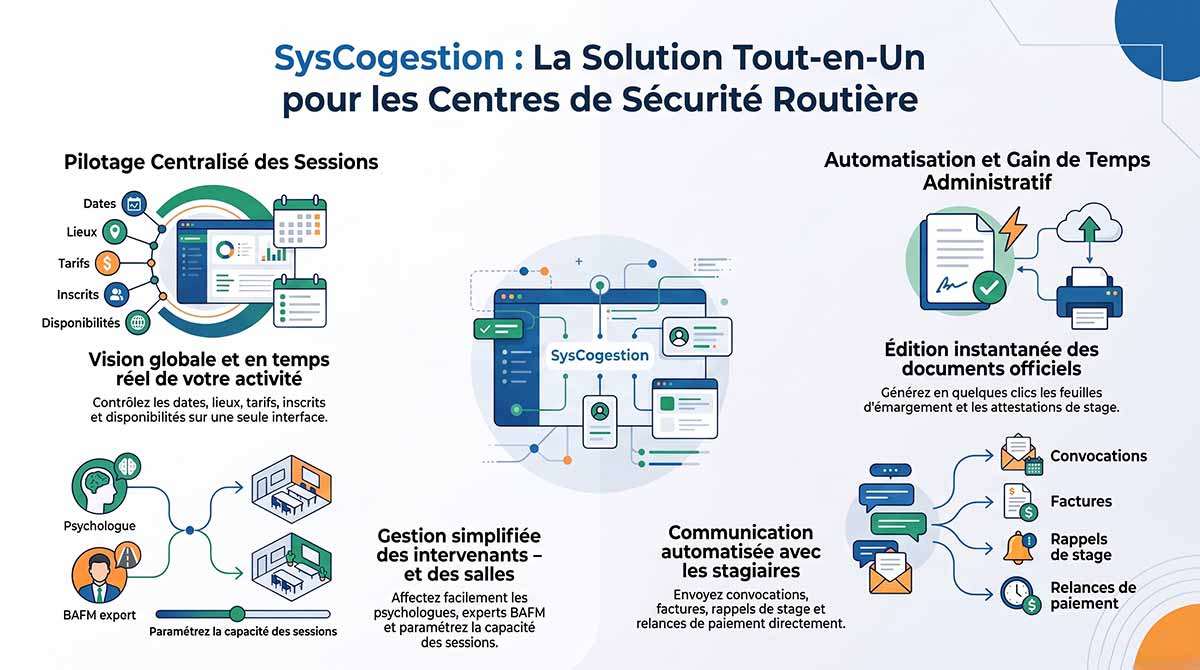 Infographie SYSCOGESTION, solution tout-en-un pour les centres de sécurité routière : pilotage des sessions, intervenants, documents officiels et communication avec les stagiaires